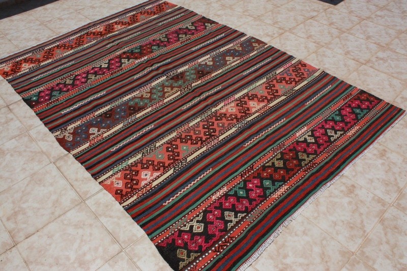 KILIM RUG 5x8, TURKISH KILIM AREA RUG WOOL 64" x 94", KELIM CARPET RUG STRIPES gallery