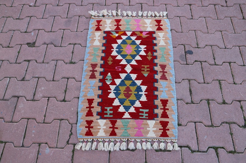 Small Red Kilim Cappadocia Handwoven Tribal Turkish Rug Authentic Carpet 2x3ft