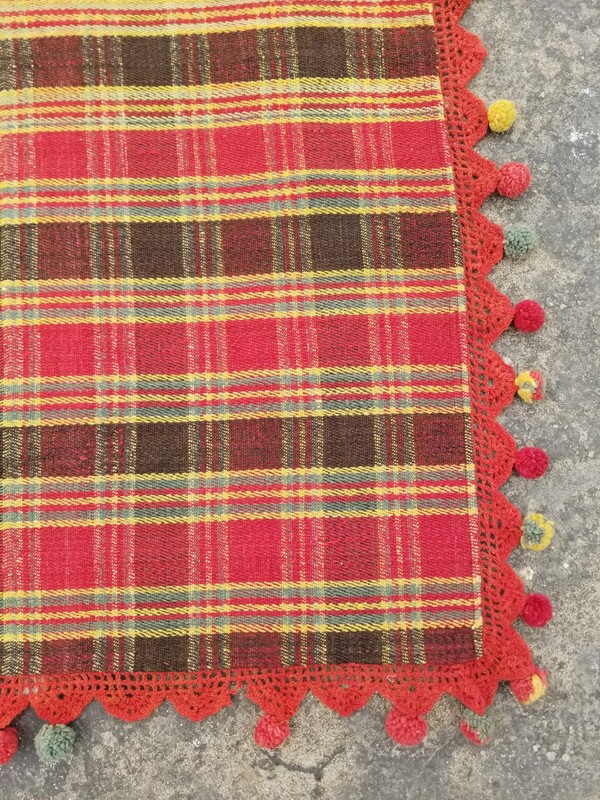 Vintage Woven Plaid Blanket Throw with Handmade Crochet Trim & Pom Pom 5.7x5.2ft gallery