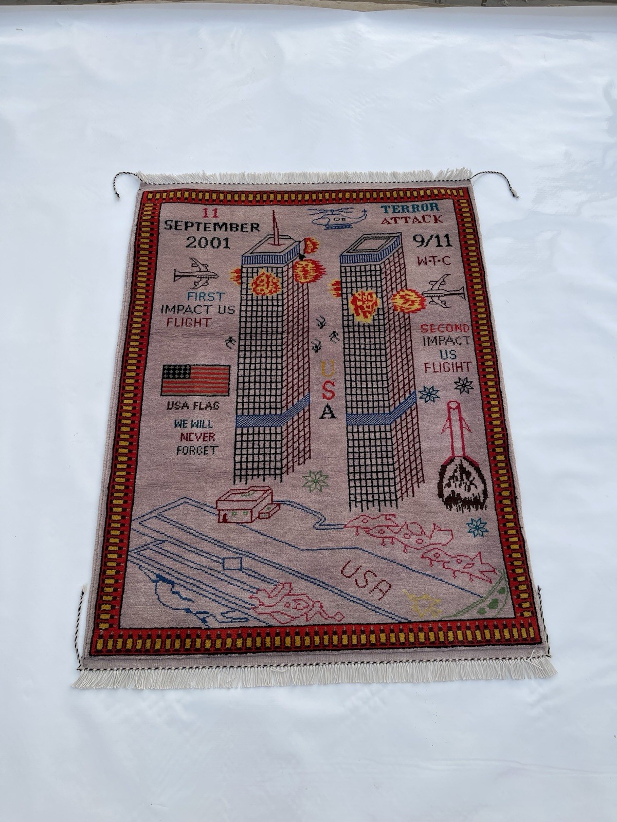 #734 Handmade rug 9/11 twin towers War Rug Afghan War Rug Handicrafts 125x95 Cm gallery