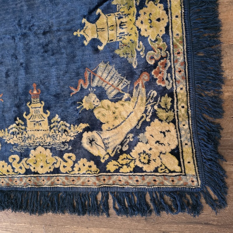 Oriental Style Vintage Italian Made Fringed Carpet Blue Square 34'' x 34" gallery