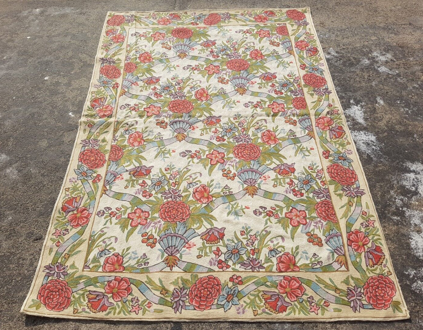 Vintage Traditional Handmade Kashmiri Crewel Wool Flatweave Rug 180x120 cm gallery