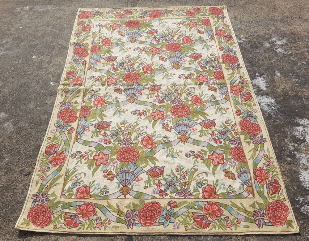 Vintage Traditional Handmade Kashmiri Crewel Wool Flatweave Rug 180x120 cm