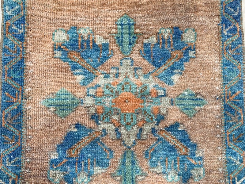 Vintage Turkish Oushak Rug: Orange & Blue Wool Doormat, Square rug (1.6x1.6 ft) gallery