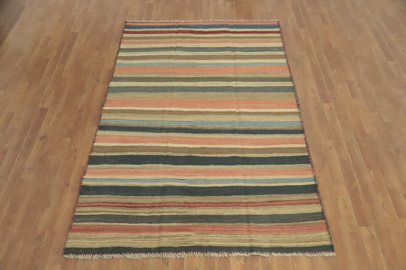 Vegetable Dye Stripe Kilim Flat weave Rug Reversible Vintage Handmade Carpet 5x7 gallery