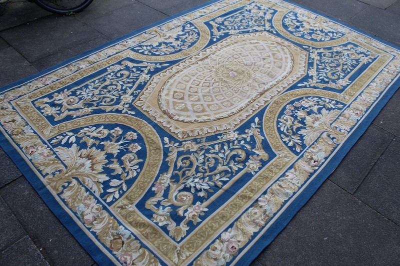Vintage Hand Made French Design Wool Blue Gold Original Aubusson 282X180cm gallery