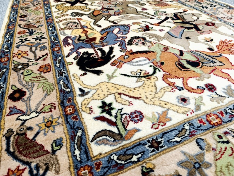 Vintage Kashmiri Hunting Scene Pictorial Rug Hand Knotted Wool 4x6.3 ft gallery