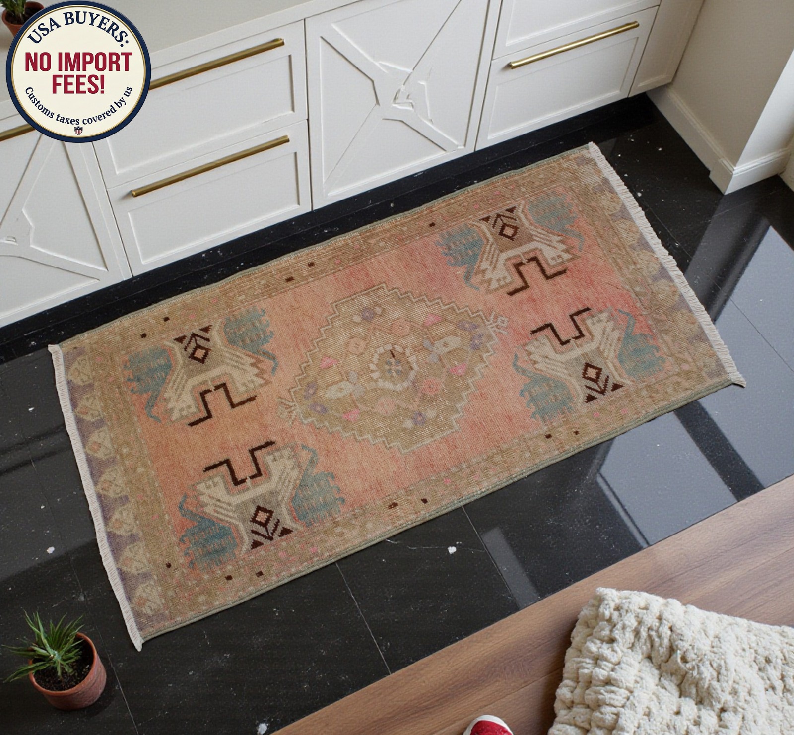 Vintage Oushak Small Rug 2x3 Pink Blue Turkish Mat Hand-Knotted Entryway Rug gallery