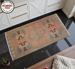 Vintage Oushak Small Rug 2×3 Pink Blue Turkish Mat Hand-Knotted Entryway Rug