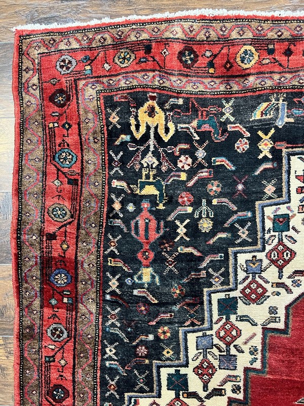 Vintage Rug 5x12 Tribal Carpet Red Cream Navy Pictorials Handmade Wide Runner gallery