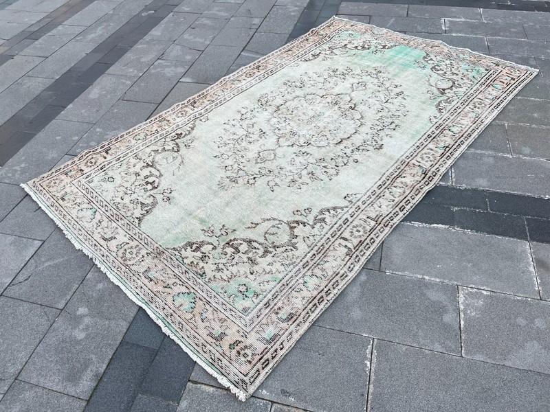 5.4x9.3 ft Vintage Turkish Oushak Rug Mint Green Medallion Hand-Knotted Wool gallery