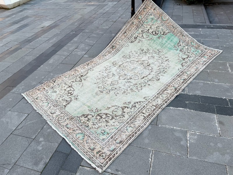 5.4x9.3 ft Vintage Turkish Oushak Rug Mint Green Medallion Hand-Knotted Wool gallery