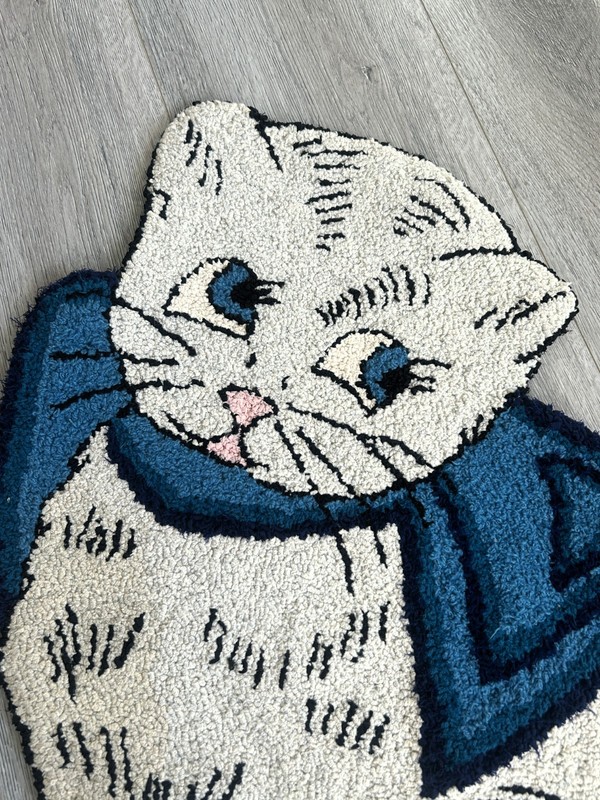 Amazing~Vintage~Antique~Hand Made~Hand Hooked~Cat Shaped Rug~With Bow~Rare Find! gallery