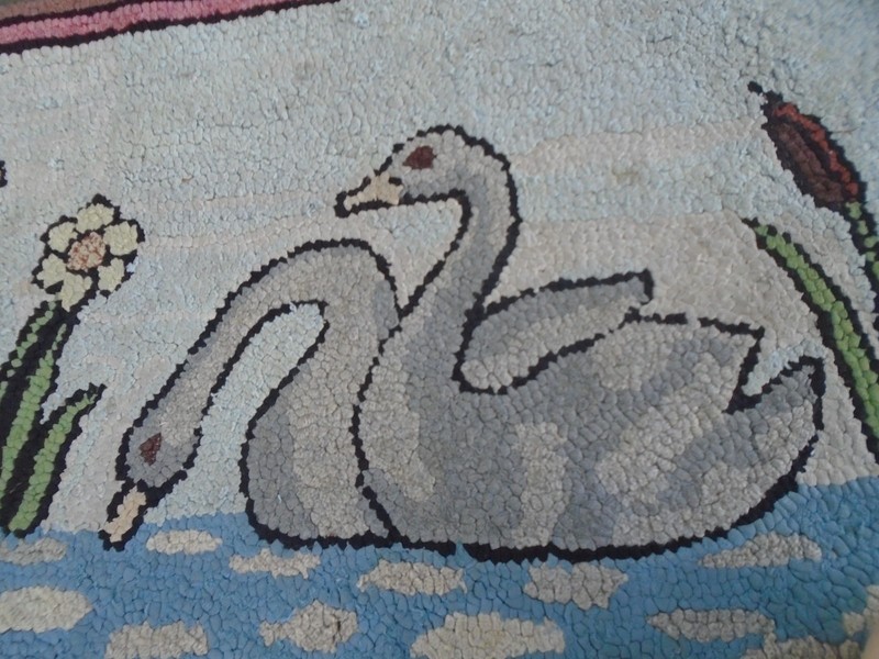 Vintage Folk Art Two Swans on Pond Hooked Rug 23" x 34 " gallery