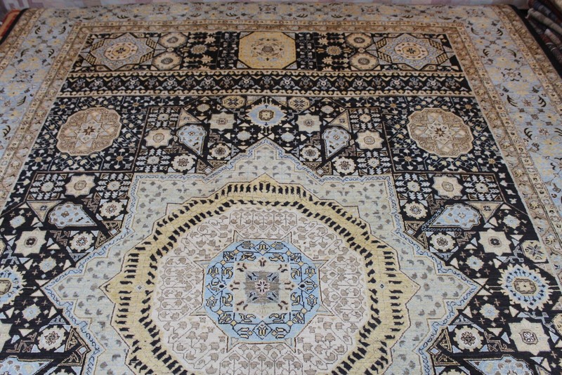 9x12 ft. Fine Quality Handmade Rug, Black Background turquoise Light Blue Color gallery