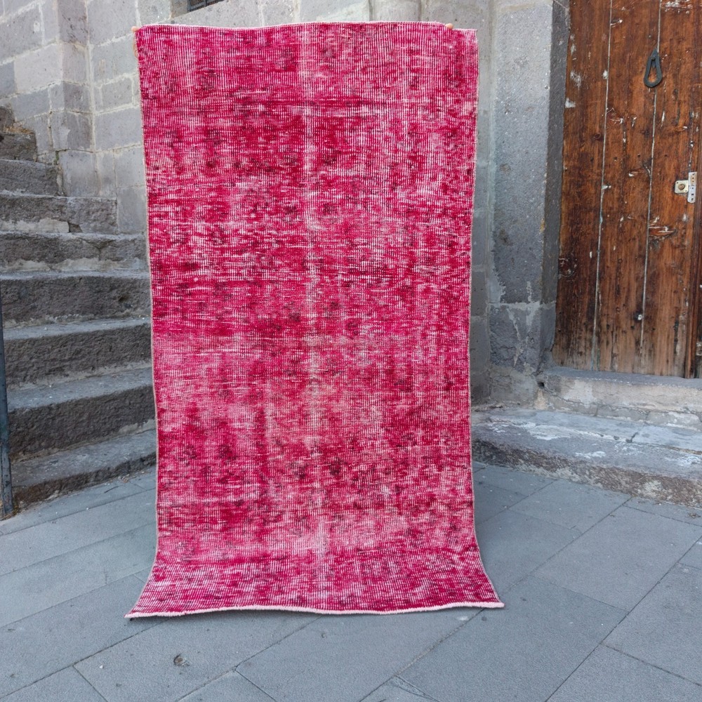 Turkish Vintage Red Overdyed Area Rug 3.41 x 6.4 ft, 3x6 Handmade 104 x 195 cm