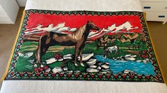 Vintage Turkish Wall Art Plush Felt Velvet Cotton Tapestry Horses Mountain