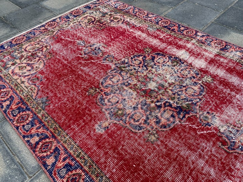 Vintage Turkish Area Rug 3.7 x 5.8 ft Hand Knotted Wool Red Distressed Carpet gallery