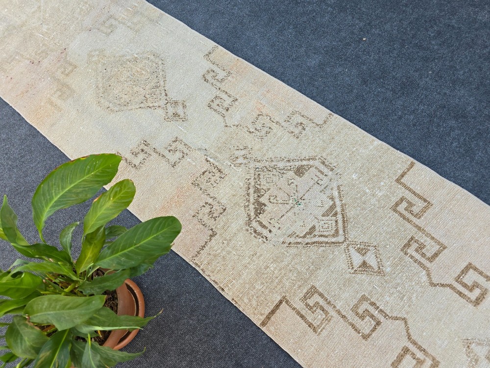 2' x 9' Vintage Neutral Runner Rug, Turkish Oushak Wool Beige Hallway Runner