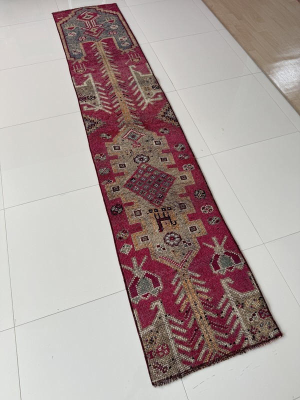 Vintage Handmade Oushak Runner, 2x9 Turkish Rug in Pink Gray Beige gallery