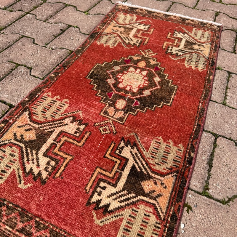 Rust Red 1x3 ft Turkish Wool Accent Rug With Ivory Animal Motifs - Tariff Free gallery