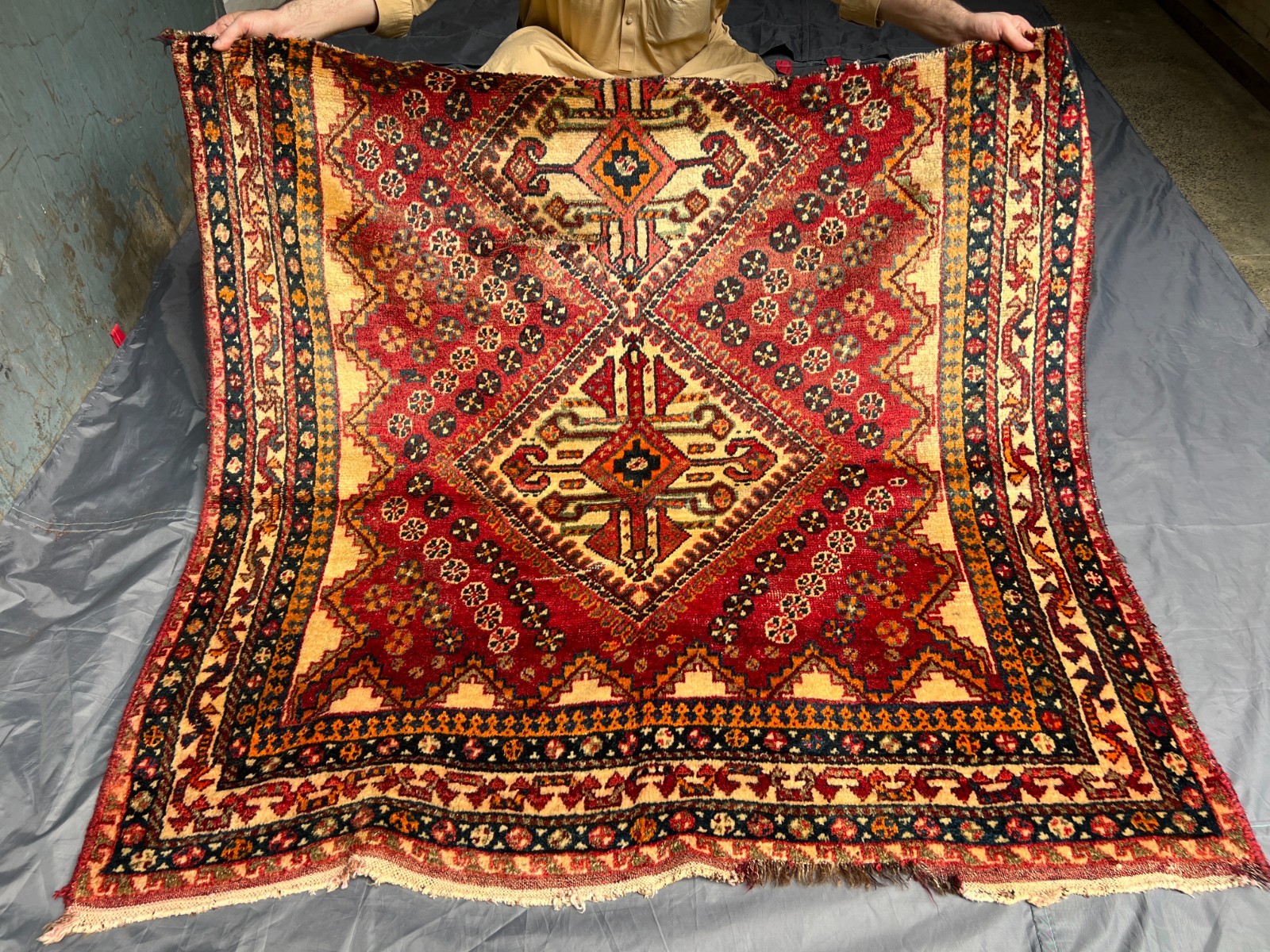 Antique Caucasian Medallion Rug Hand Knotted Distressed Low Pile Vintage 4.6x4.1 gallery