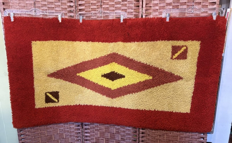 Vintage 70's MCM Latchhook Rug Bohemian Aztec 54X29 gallery
