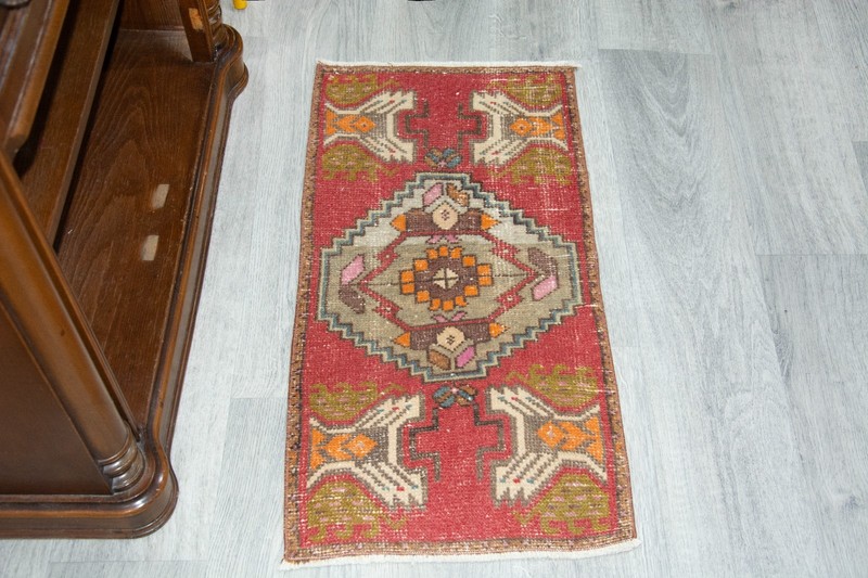 Vintage Turkish Oushak Rug 19x36 Inches, Red Colorful Geometrical Modern Rug gallery