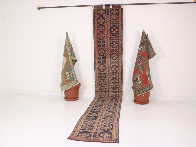2x11 Red Blue Runner Rug, Handmade Turkish Rug, Vintage Tribal Runner, 1.7x11.4 gallery