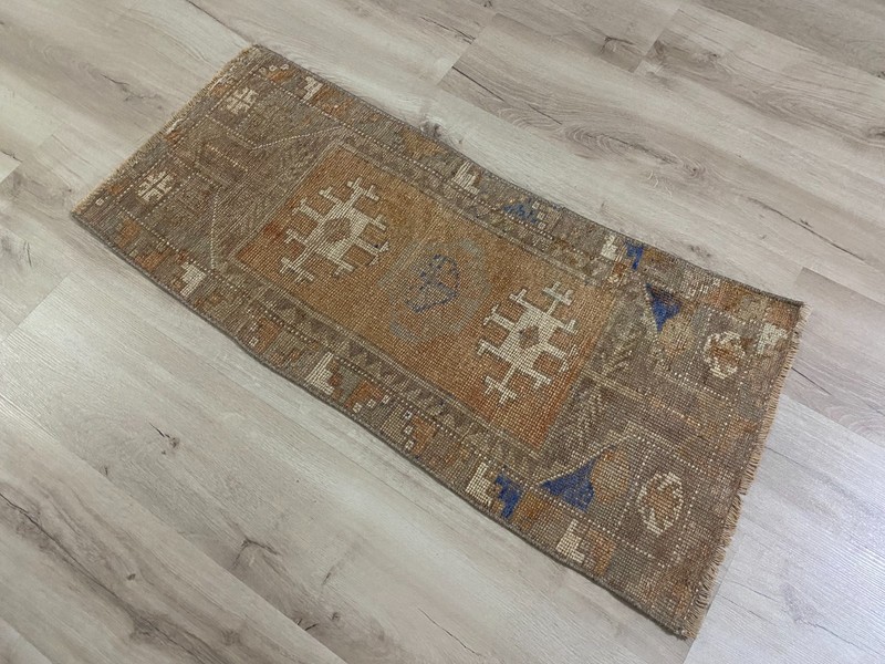 Neutral Turkish Runner Rug 1.4x3.3 Ft Handmade Vintage Wool Hall Carpet gallery