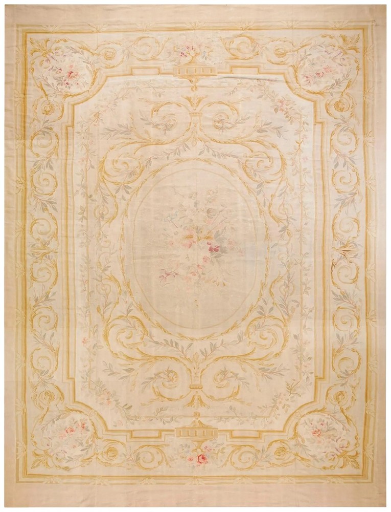 13x17 Antique Aubusson Gold Wool Area Rug 1910