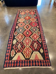 5 x 14 ft Large Vintage Hand-Knotted Kilim – Blues and Reds – Antique Rug
