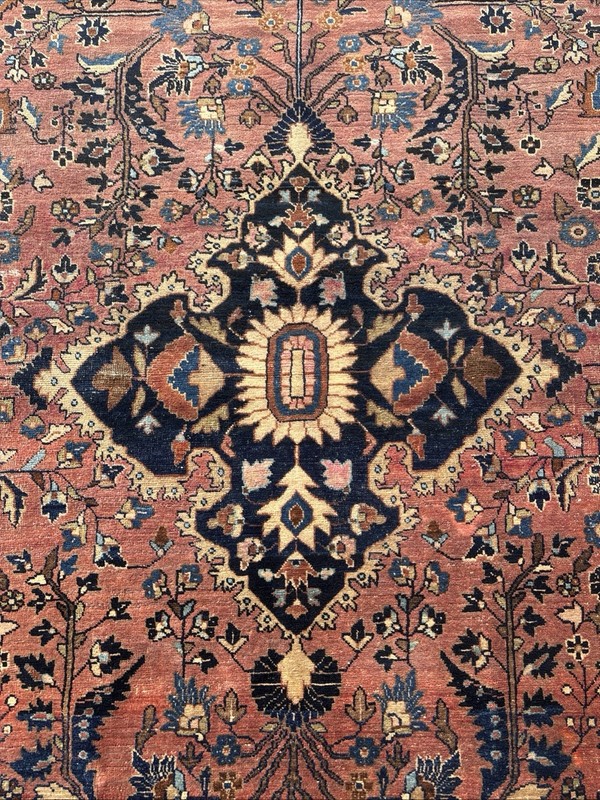 Mohajeran-Saroukk 4 X 6 Antique Rug C. 1920 Blush Rose Field Navy Blue Wet Sand gallery