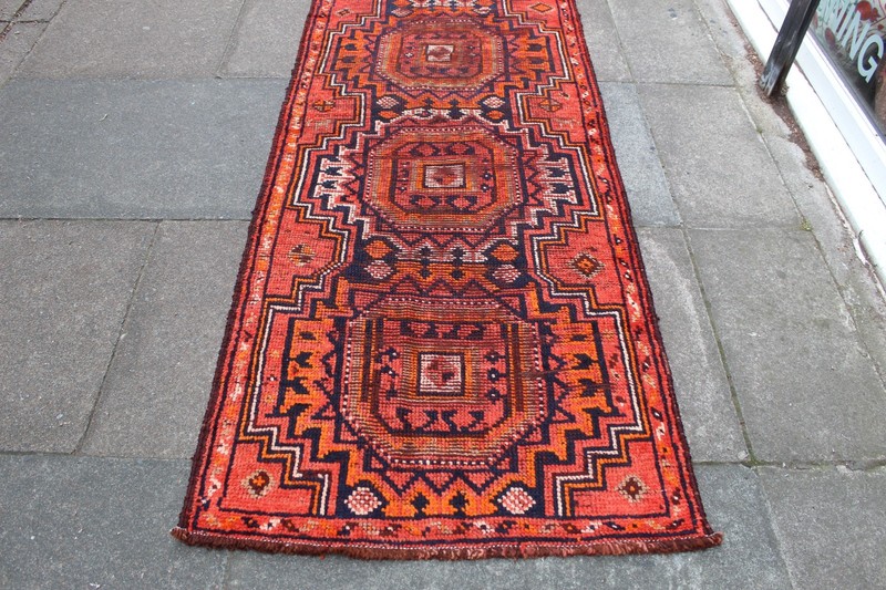 Vintage Worn Hand Made Traditional Oriental Wool Red Orange Long Runner 341x84cm gallery