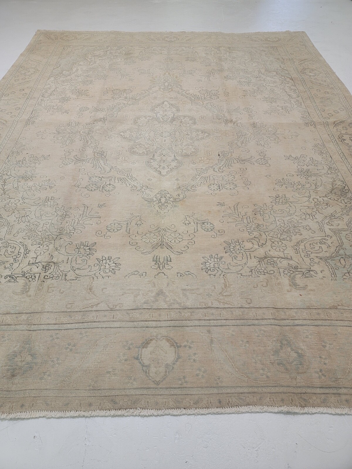 Antique Oriental Hand-Knotted Wool Area Rug Distressed Beige/Green 9'6" x 12'8" gallery