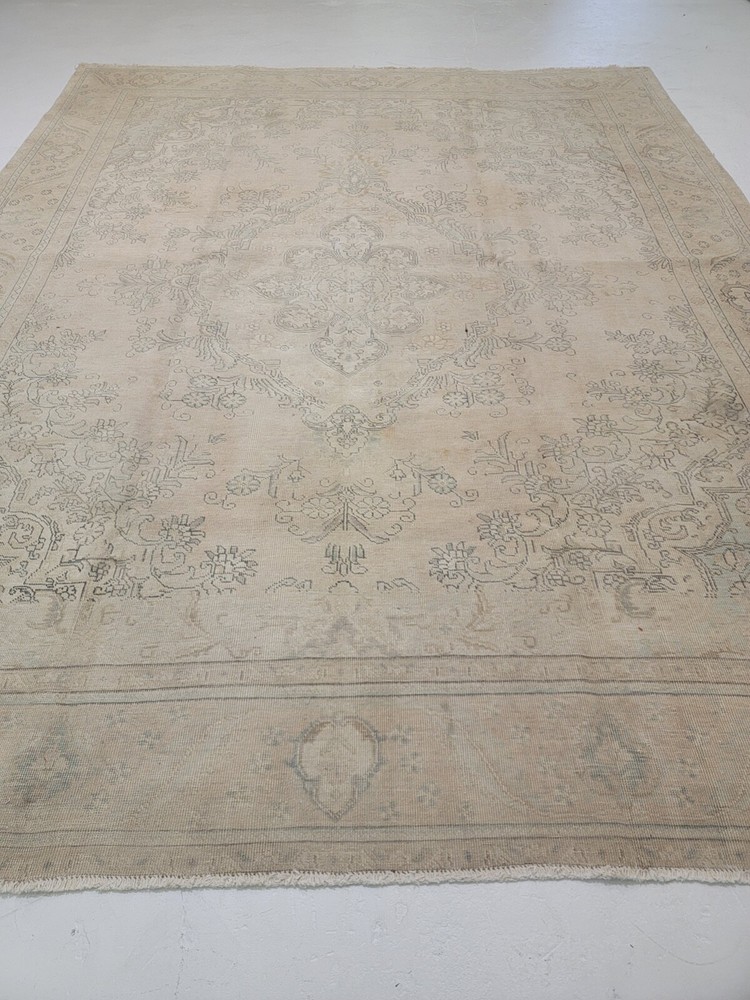 Antique Oriental Hand-Knotted Wool Area Rug Distressed Beige/Green 9'6" x 12'8"