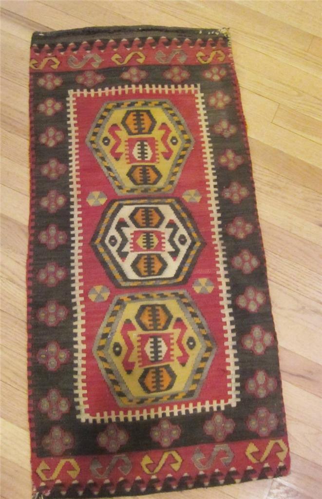 Kilim Hand Loomed Wool Turkish Area Rug Saddle Bag Eastern Turkey 19" x 36" VTG gallery