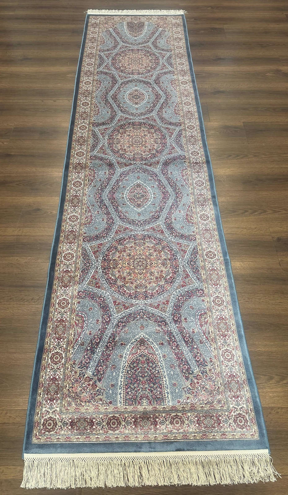 Turkish Silk Runner Rug 2.6 x 10, Light Blue Carpet, Bamboo Silk, New gallery
