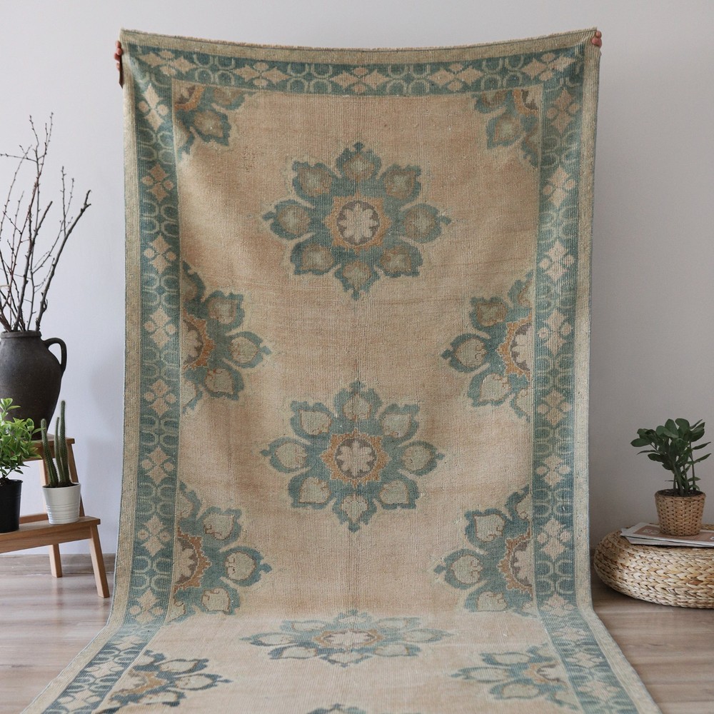Vintage Oushak Rug Hand Knotted Wool Turkish Area Carpet 5x10 Ft Large Anatolian