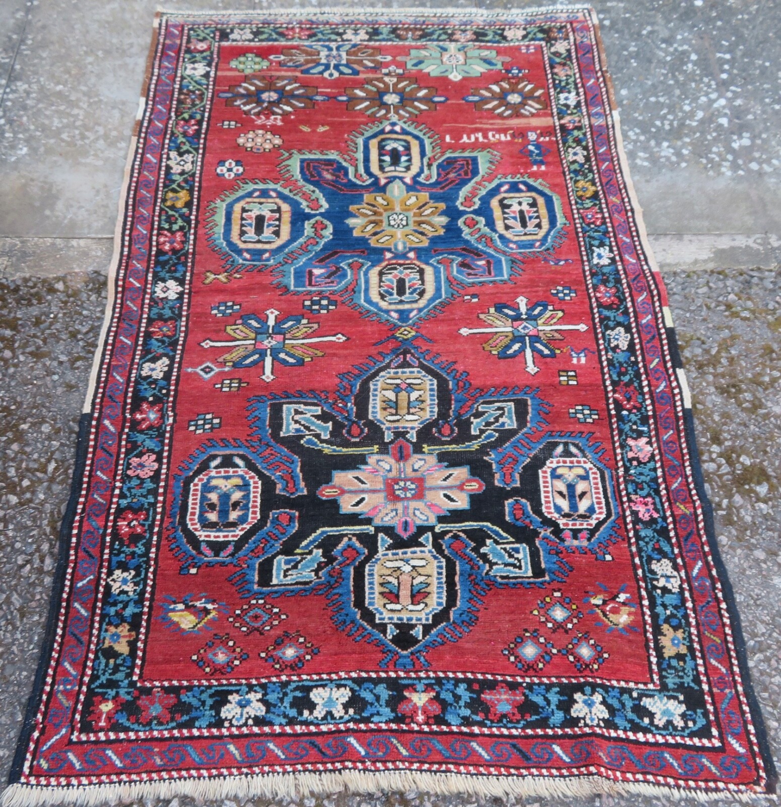 ANTIQUE CAUCASIAN KARABAGH VILLAGE RUG. SIGNED NAME BY WEAVER. 194CM X 117CM. gallery