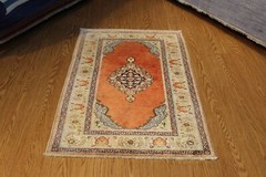 3′ X 5′ Real SILK RUG. Antique Turkish prayer Anatolia ORANGE RED GOLD Kayseri