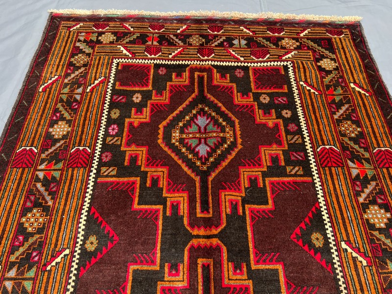3'7x6'6 ft Vintage Afghan Baluchi Hand-Knotted Bold Geometric Red & Brown Rug gallery