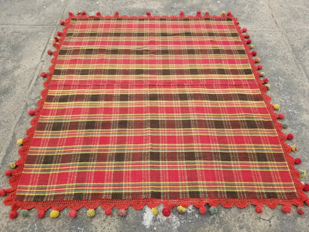 Vintage Woven Plaid Blanket Throw with Handmade Crochet Trim & Pom Pom 5.7x5.2ft