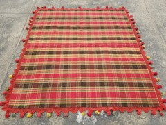 Vintage Woven Plaid Blanket Throw with Handmade Crochet Trim & Pom Pom 5.7×5.2ft