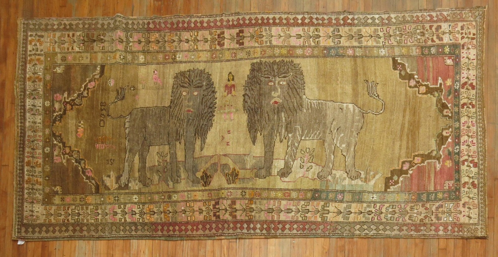 Vintage Turkish Ushak Oushak Kars Pictorial Lion Gallery Rug Size 5'7''x11'10'' gallery