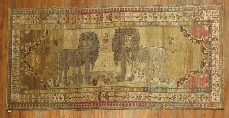 Vintage Turkish Ushak Oushak Kars Pictorial Lion Gallery Rug Size 5'7''x11'10'' gallery