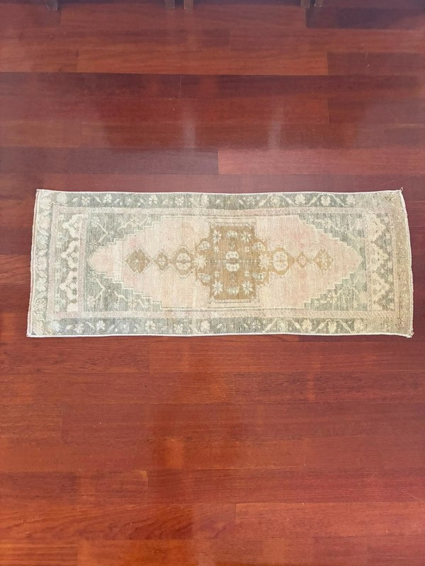 Muted Pastel 2x4 Small Runner Pink Green Cream Wool Hand Knotted Vintage Rug gallery
