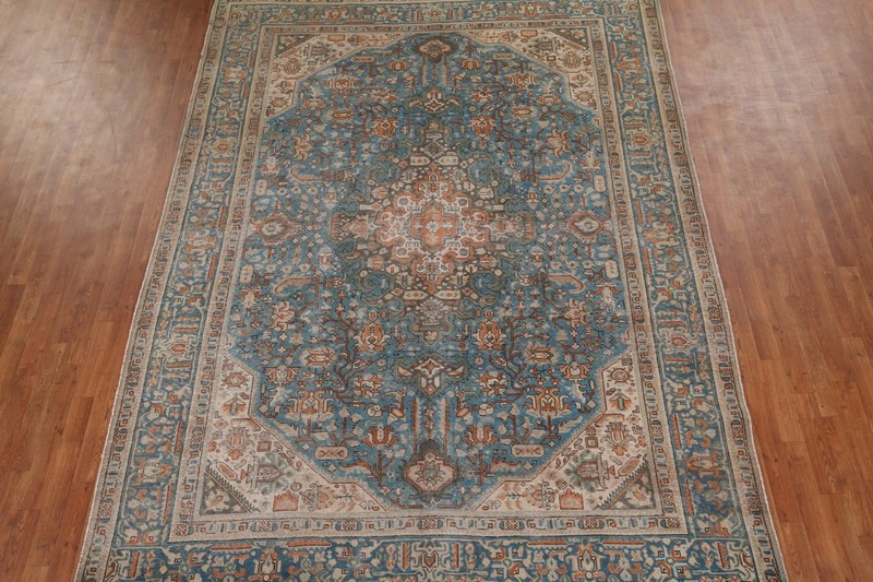 Vintage Over-Dyed Blue Tebriz Traditional Hand-knotted Room Size Area Rug 8x11 gallery