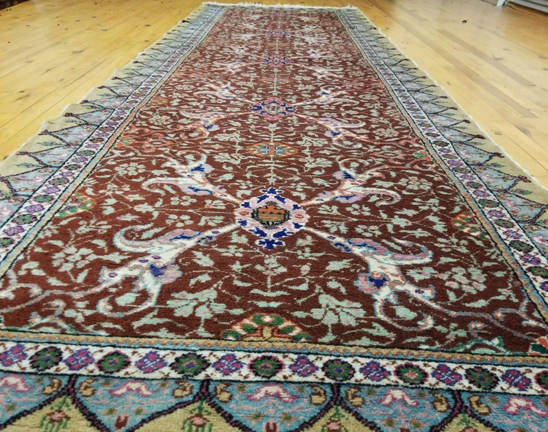 Vegy Dyes Cr1930-1939s Antique Wool Pile Floral Hereke Runner Rug 3’4”x 10’ gallery