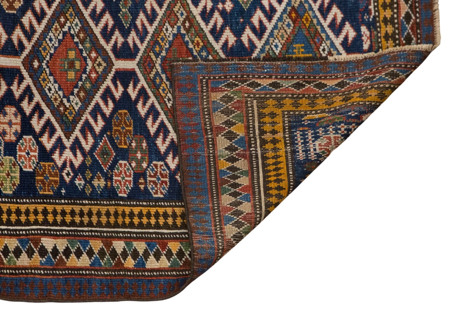 Vintage Handwoven Wool Rug, 60-Year-Old Geometric Tribal Blue Accent, 88 x 132cm gallery